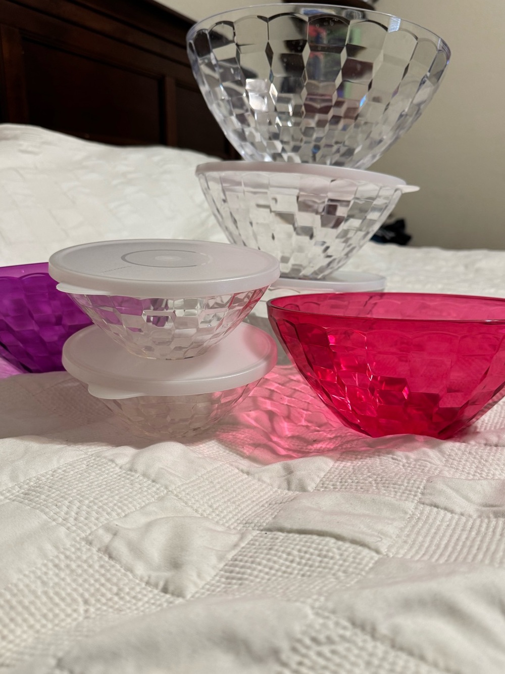 Tupperware Clear, Pink, and Purple Prism Serving Bowls
